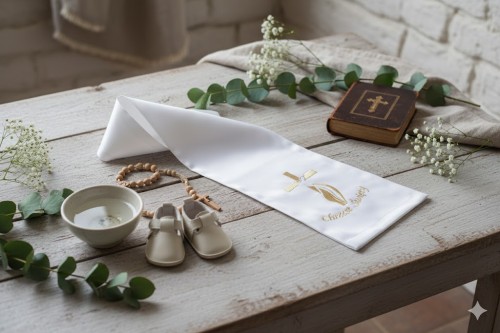 Szal z haftem KRZYŻ NOWOCZESNY – satynowa szatka do chrztu