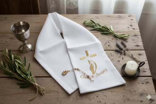 Szal z haftem KRZYŻ NOWOCZESNY – satynowa szatka do chrztu