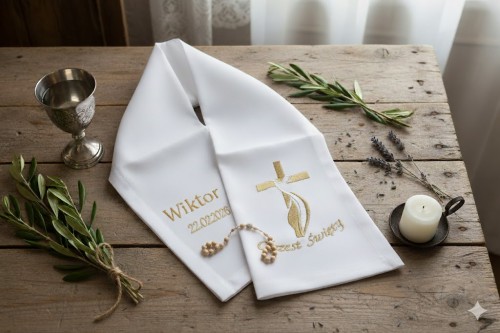 Szal z haftem KRZYŻ NOWOCZESNY – satynowa szatka do chrztu z personalizacją