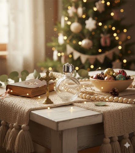 Mini buteleczka na wodę święconą Róża Papieska – szkło 15 ml z korkiem ozdobnym