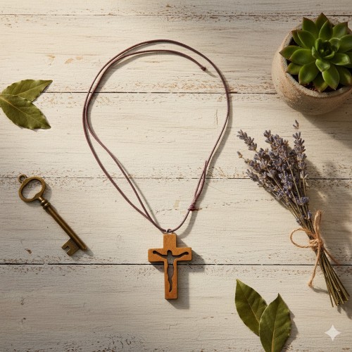 Krzyżyk drewniany "Jezus" na rzemyku – pamiątka