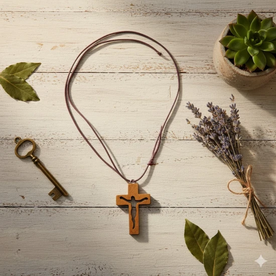 Krzyżyk drewniany "Jezus" na rzemyku – pamiątka