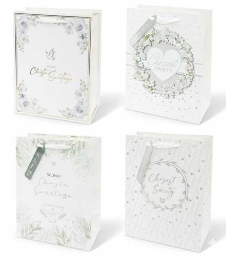 Torebka prezentowa A6 – Chrzest Święty w anielskiej bieli, złote zdobienia