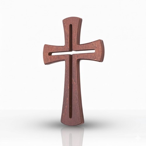 Krzyż nowoczesny z wyciętym kształtem krzyża – drewniany 18 cm, brązowy