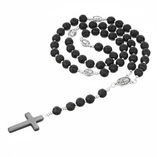 Różaniec z kamienia Lawy Wulkanicznej z hematytem – naturalny, 48 cm