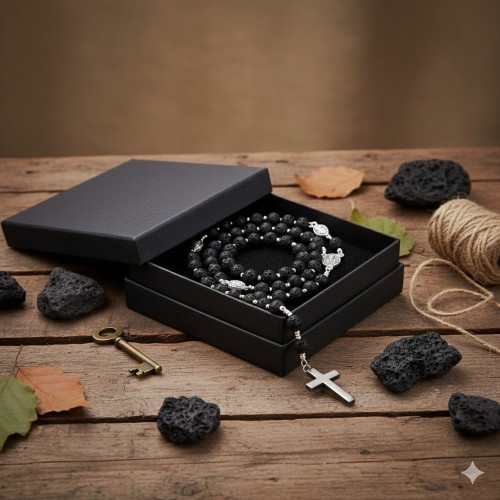 Różaniec z kamienia Lawy Wulkanicznej z hematytem – naturalny, 48 cm