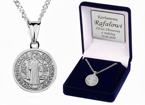 Komplet srebrny z medalikiem Św. Benedykta, łańcuszek pancerka, próba 925 z dedykacją