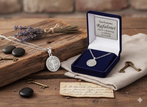 Komplet srebrny z medalikiem Św. Benedykta, łańcuszek pancerka, próba 925 z dedykacją