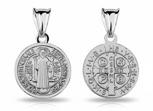 Komplet srebrny z medalikiem Św. Benedykta, łańcuszek pancerka, próba 925 z dedykacją