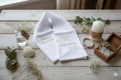 Szatka na chrzest – szal z haftem Ducha Świętego i personalizacją, satyna 70 cm z haftem imiennym