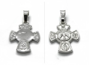 Srebrny medalik krzyż próba 925 z Duchem Świętym i symbolami Maryjnymi