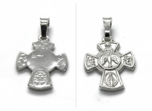Srebrny medalik krzyż próba 925 z Duchem Świętym i symbolami Maryjnymi