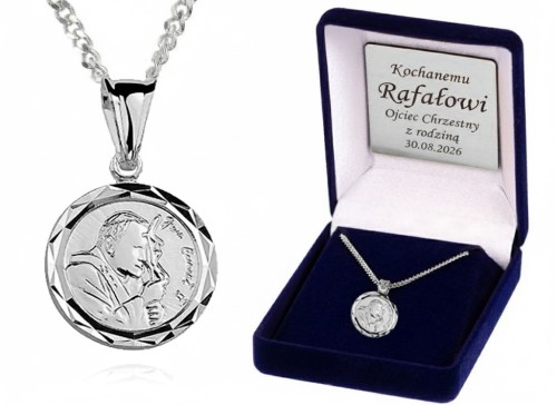 Srebrny medalik Św. Jan Paweł II z łańcuszkiem – próba 925, dedykacja