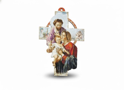 Krzyż drewniany Święta Rodzina – 15 cm, pastelowy