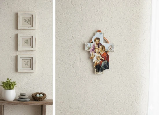 Krzyż drewniany Święta Rodzina – 15 cm, pastelowy
