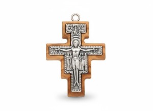 Krzyżyk San Damiano z drewna oliwnego – rzemyk w zestawie