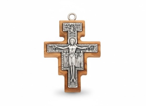 Krzyżyk San Damiano z drewna oliwnego – rzemyk w zestawie