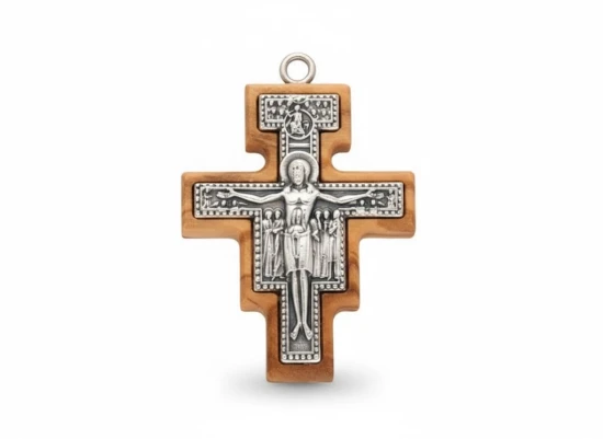Krzyżyk San Damiano z drewna oliwnego – rzemyk w zestawie