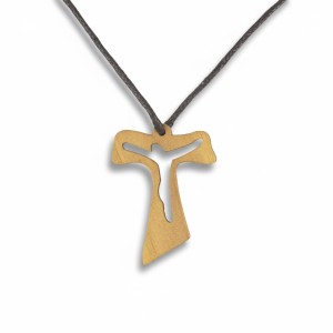 Krzyżyk TAU drewniany 4,5 cm + woskowany sznurek