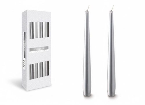 Świece stożkowe srebrny metalik – zestaw dekoracyjny, bezzapachowe