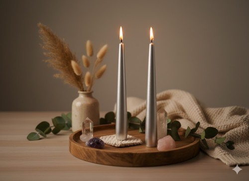 Świece stożkowe srebrny metalik – zestaw dekoracyjny