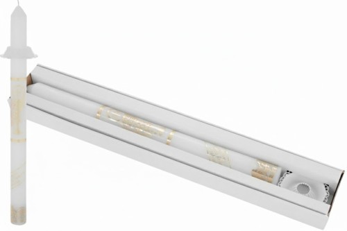 Świeca komunijna biała z symbolem IHS + pudełko i okapnik