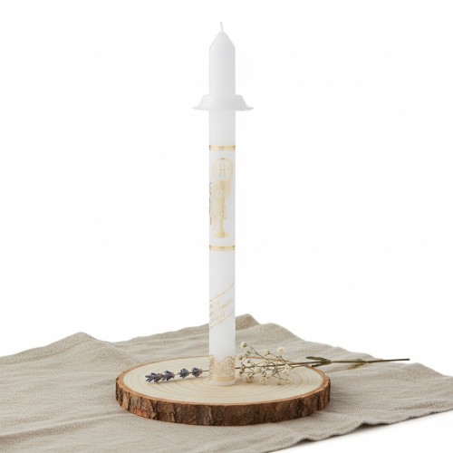 Świeca komunijna biała z symbolem IHS