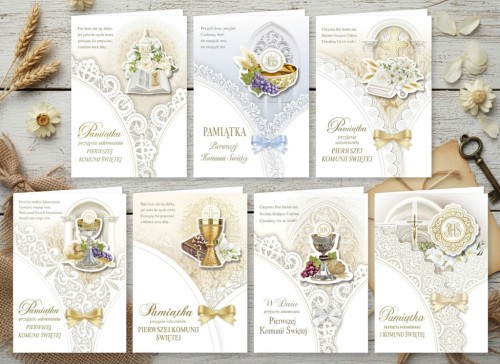 Kartka na Pierwszą Komunię Świętą – złocona laurka z życzeniami B6