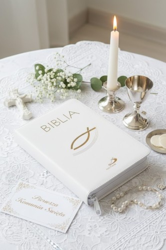 Biblia "z rybką" - oprawa biała, z suwakiem, z kolorową wkładką