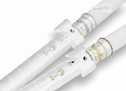 Świeca imienna Swarovski – kryształki, srebrny medalik 925, I Komunia Święta