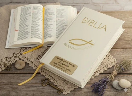 Biblia „z rybką” – Pamiątka Chrztu Świętego z personalizowanym grawerem