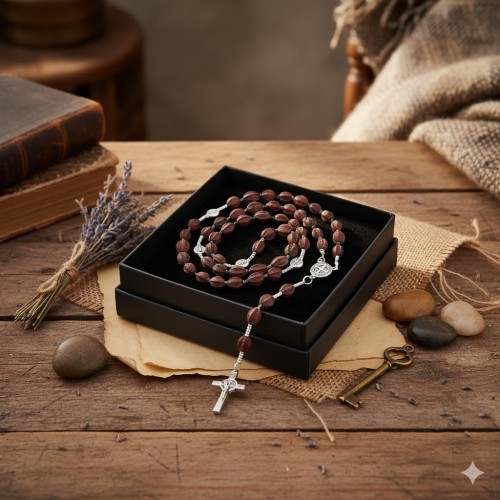 Różaniec benedyktyński z egzotycznych ziaren – medalik św. Benedykta