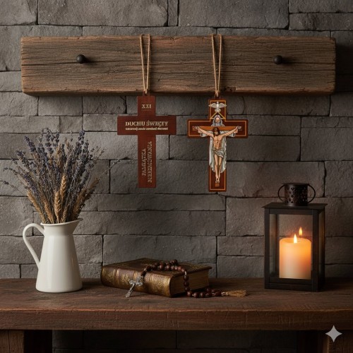 Krzyż drewniany do bierzmowania z rzemykiem – w aranżacji