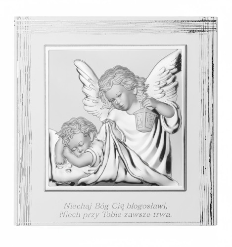 Obrazek srebrny - Anioł Stróż Niechaj Bóg Cię błogosławi 17x17