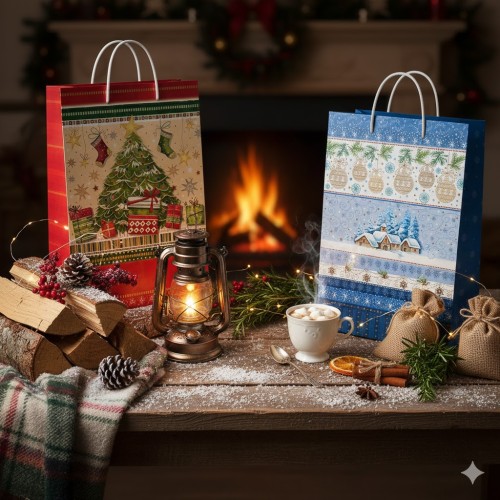 Świąteczna torebka prezentowa średnia – laminowana z ozdobnym sznurkiem