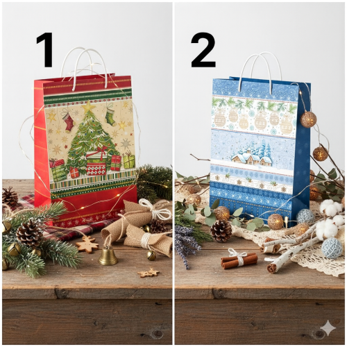 Świąteczna torebka prezentowa średnia – czerwona torebka nr1. niebieska torebka nr.2