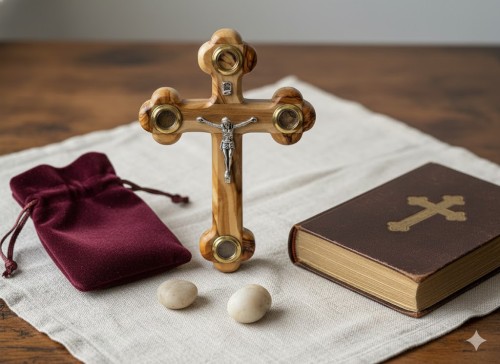 Krzyż Jerozolimski z kapsułki z Ziemi Świętej