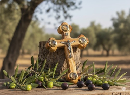 Krzyż Jerozolimski z drzewa oliwnego – kapsułki z Ziemi Świętej