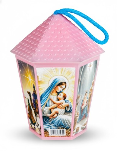 Lampion plastikowy LED na Roraty – różowy w aranżacji świątecznej