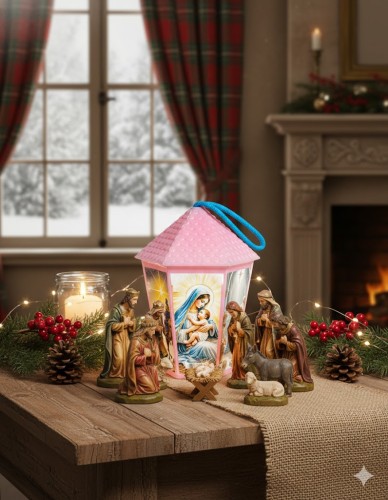 Lampion plastikowy LED na Roraty – różowy w aranżacji świątecznej