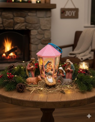 Lampion plastikowy LED na Roraty – różowy w aranżacji świątecznej