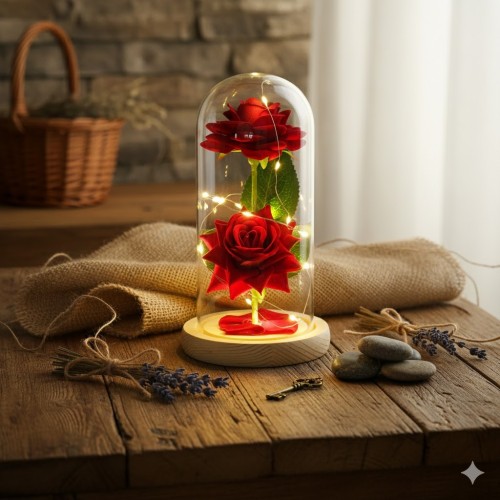 Podwójna Czerwona Róża w Kloszu LED – Symbol trwałego uczucia
