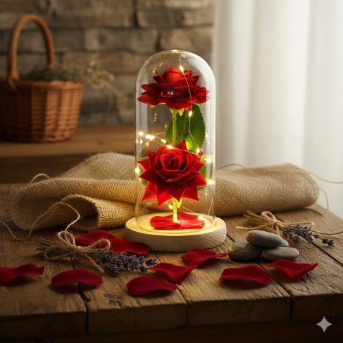 Podwójna Czerwona Róża w Kloszu LED – Symbol trwałego uczucia