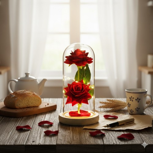 Podwójna Czerwona Róża w Kloszu LED – Symbol trwałego uczucia