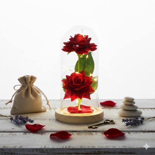 Podwójna Czerwona Róża w Kloszu LED – Symbol trwałego uczucia