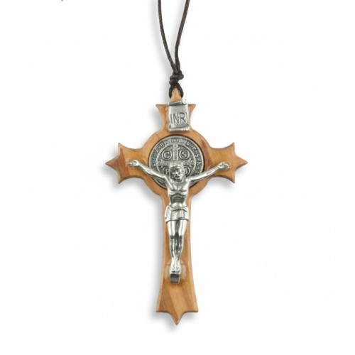 Krzyż Benedyktyński drewniany bukowy z rzemykiem - 7,5cm