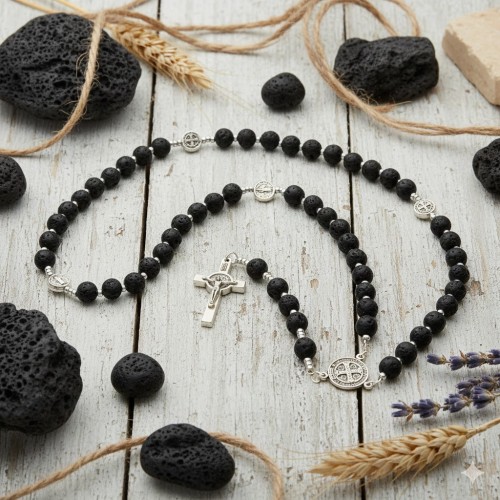 Różaniec benedyktyński z kamienia lawy wulkanicznej 48 cm