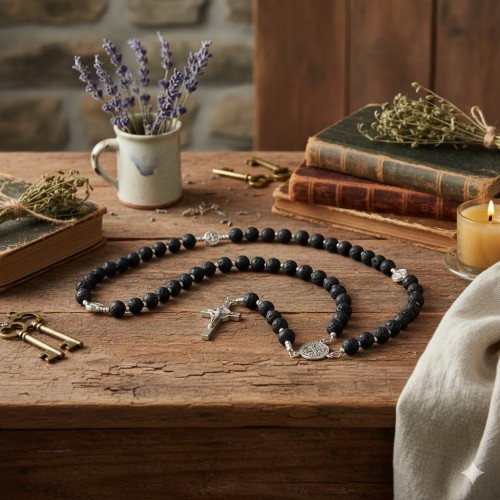 Różaniec benedyktyński z kamienia lawy wulkanicznej