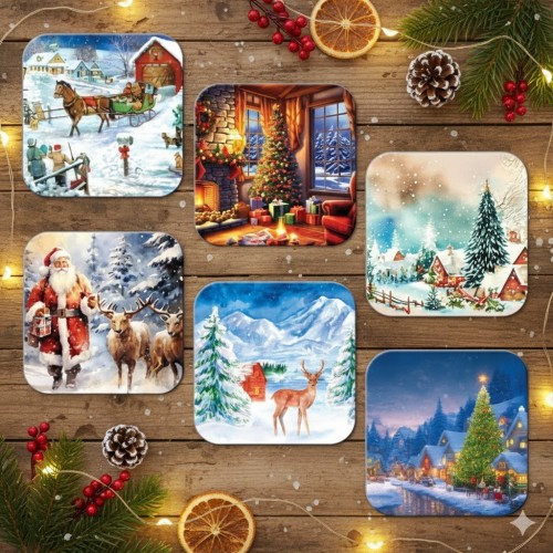 Podkładki pod kubek – zimowe i świąteczne pejzaże, zestaw 6 szt.