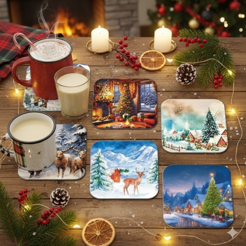 Podkładki pod kubek – zimowe i świąteczne pejzaże, zestaw 6 szt.